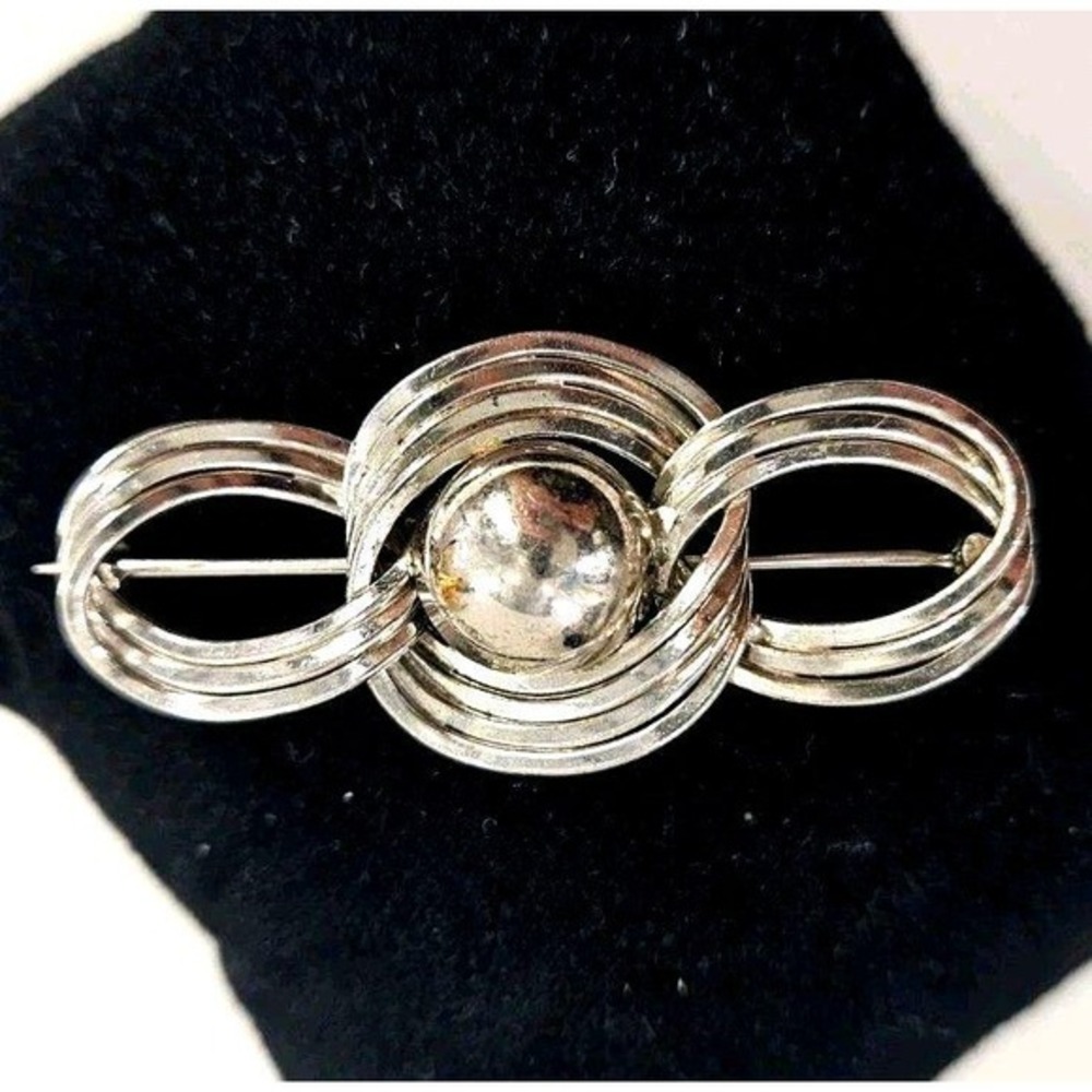 Vintage Sterling Silver Mcm Art Deco Brooch Pin Circle Pattern 3D Sculpted